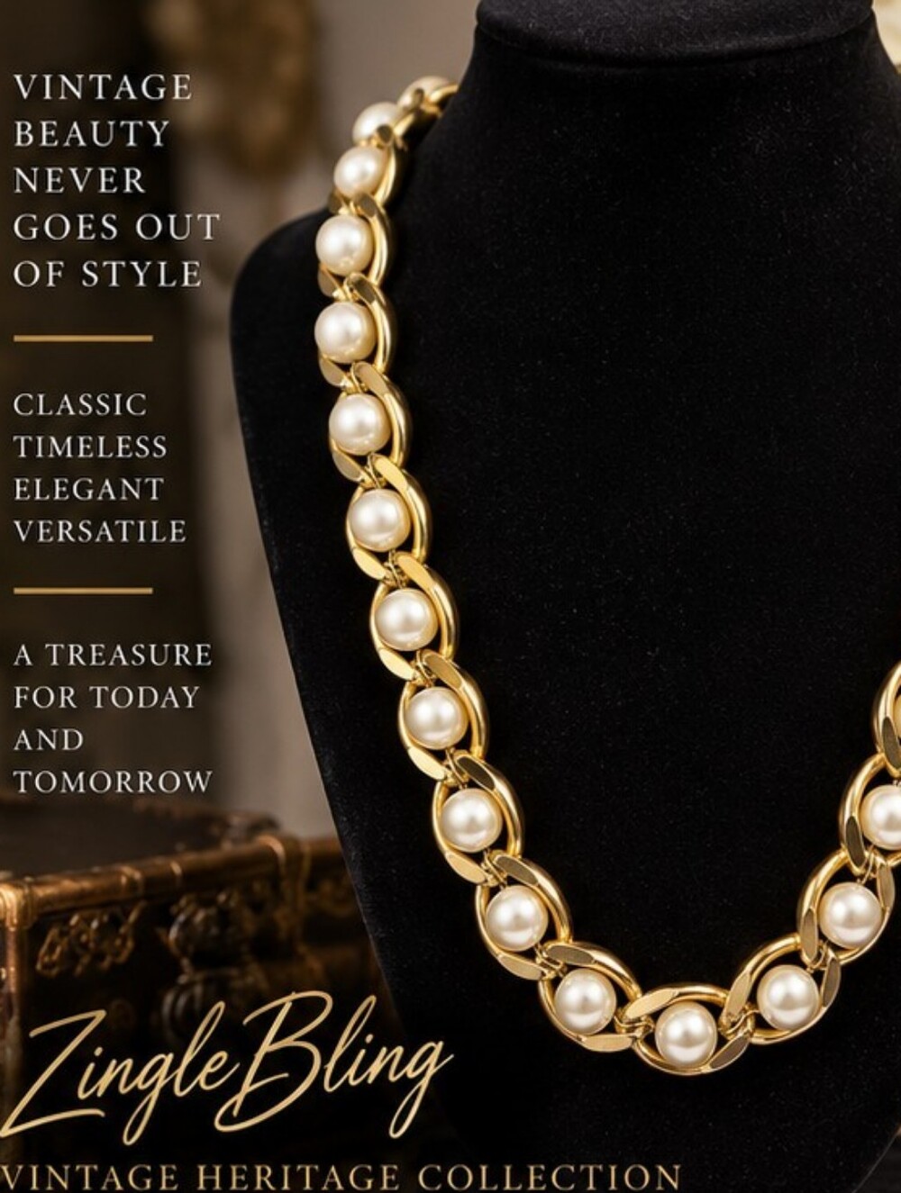 Vintage Gold Tone Faux Pearl Link Statement Necklace 24"